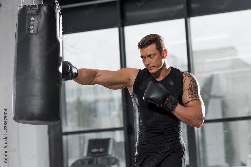 handsome muscular boxer exercising with punching bag in gym