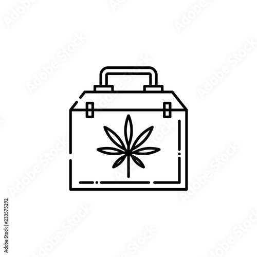 Medical case with cannabis leaf line icon - thin outline symbol of bag with marijuana in isolated vector illustration for weed consumption and marihuana legalization concept.