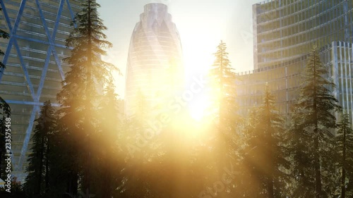 City skyline with urban skyscrapers at sunset., City during warm sunset concept