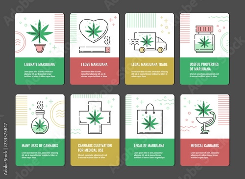 Vector illustration set of marijuana consumption and legalization vertical banners with line icons of cannabis leaf -concept of medical use and legal growth and trade of sativa.