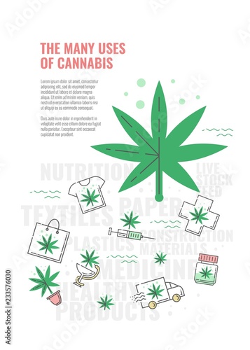 Many uses of cannabis banner with line icon of marijuana leaf on bottle with oil and cross, t-shirt and bag, delivery truck and in pot in isolated vector illustration for hemp medical use concept.