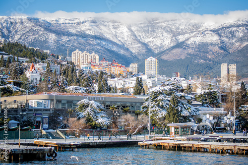 Snow-covered panorama of the seaside town