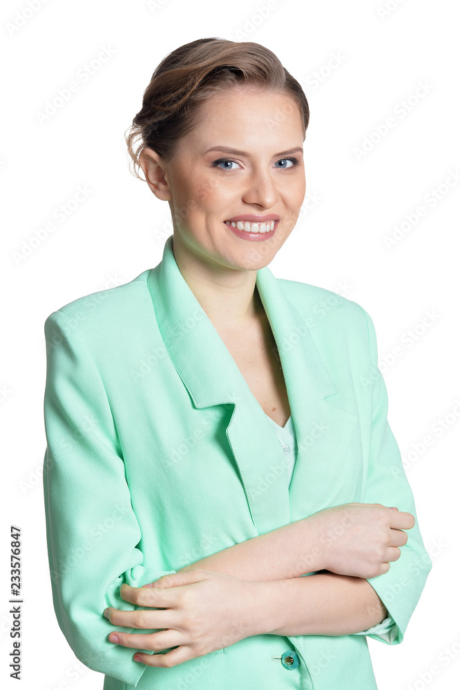 Portrait of happy young woman on white background Portrait of happy young woman on white background