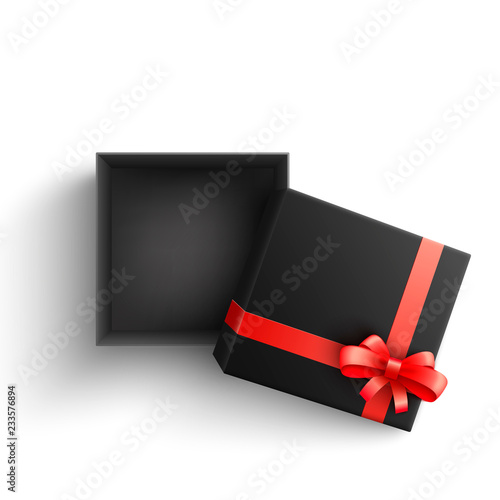 Black present box with red ribbon bow top view. Vector opened surprise package for christmas, birthday celebration design. Boxing day, black friday discounts banners element, isolated illustration