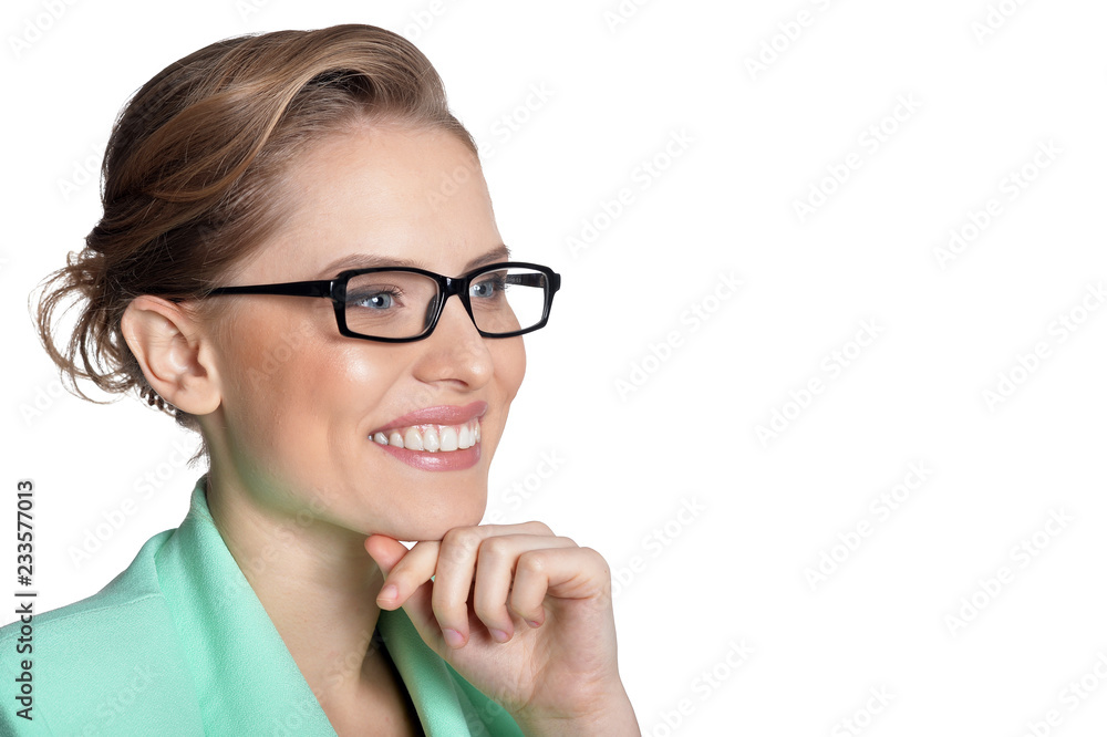 Portrait of young businesswoman in glasses on white background Portrait of young businesswoman in glasses on white background