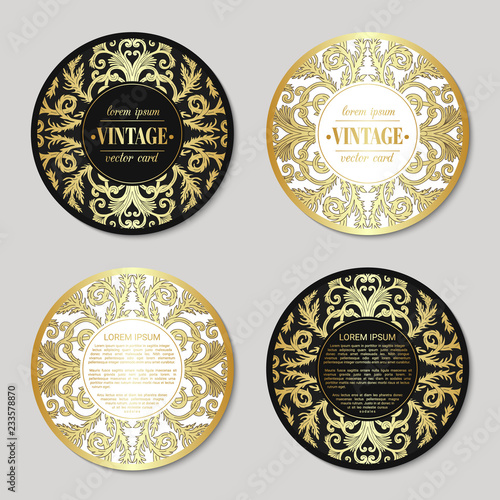 French baroque elegant ornate round visiting cards. Luxurious fashionable ornamental flyer design. Vintage fancy ornament decoration. Pathetic retro embellishment. Circle vector brochure template