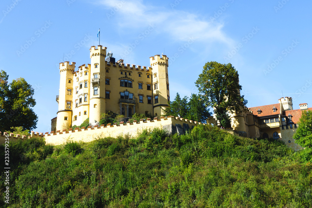 Hohenschwangau Castle lies directly opposite the Neuschwanstein Castle in Schwangau in Bavaria.