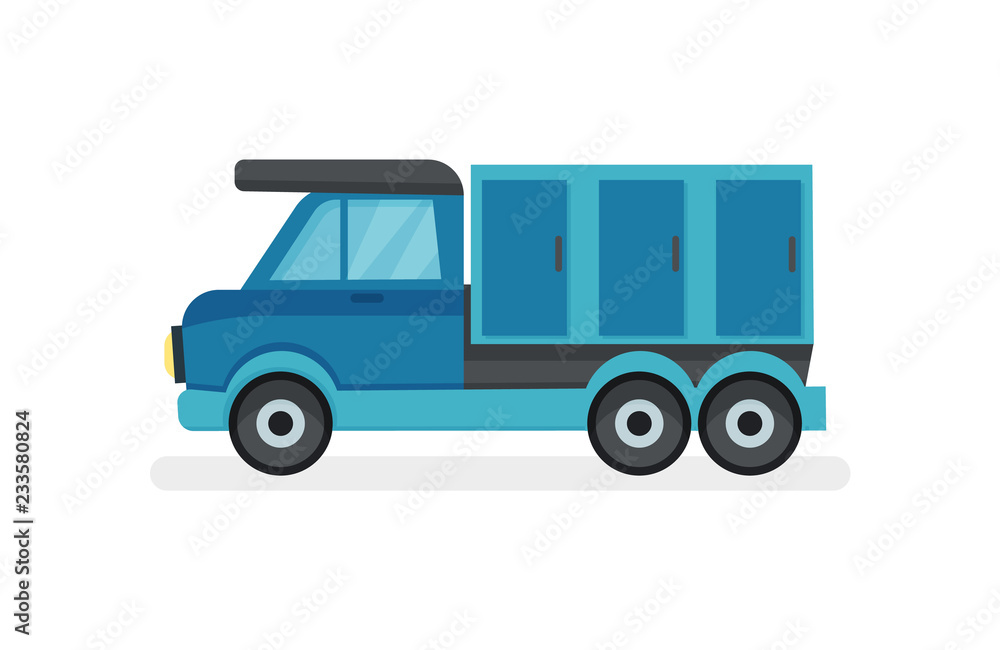 Flat vector icon of blue truck with refrigerator, side view. Industrial automobile. Urban transport