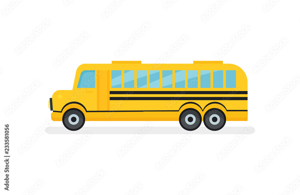 Yellow school bus with black stripes. Passenger motor vehicle. Urban transport. Flat vector icon