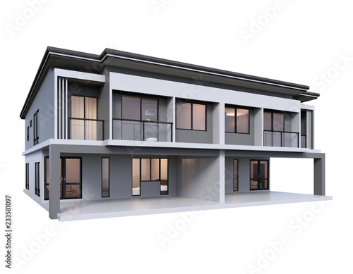 Modern townhome 3d rendering luxury style isolated on white background.