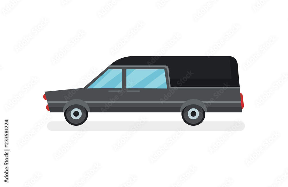 Flat vector icon of black hearse. Funeral service car. Urban transport. Modern motor vehicle