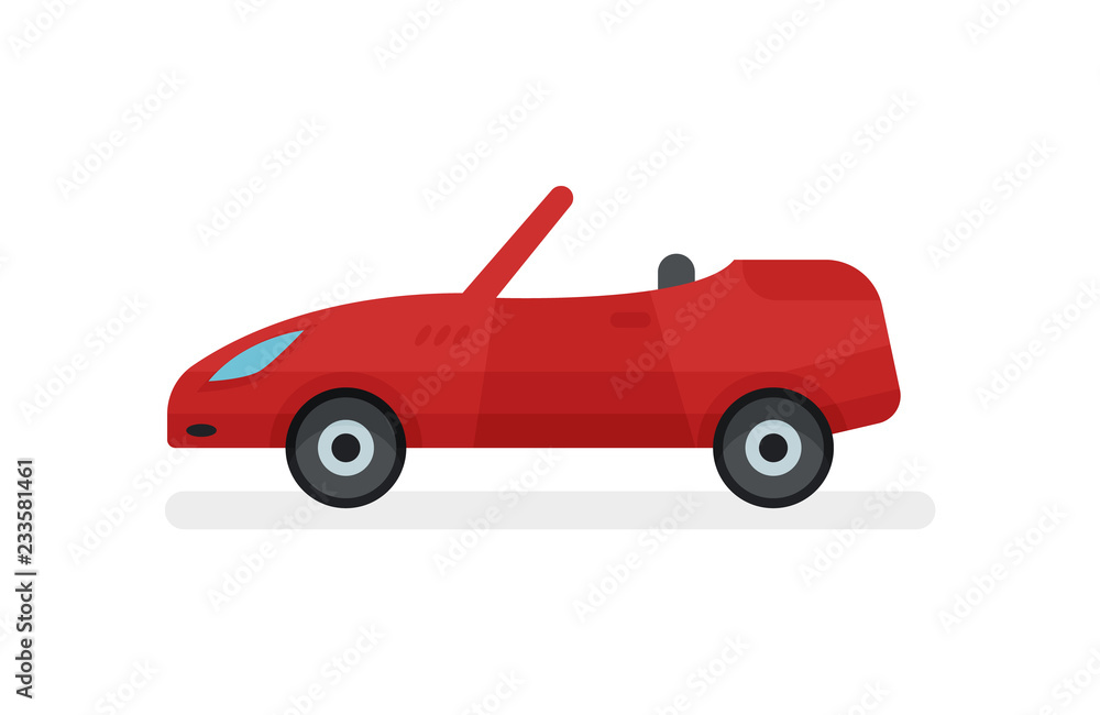 Flat vector icon of bright red cabriolet, side view. Passenger car with open roof. Urban transport