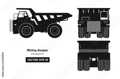 Silhouette of mining dumper on white background. Back, side and front view. Heavy truck image. Industrial 3d drawing of cargo car. Diesel  automobile blueprint