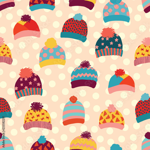 Seamless vector background knitted wool hats. Warm winter clothes wear pattern. Hand drawn cozy and warm accessories. Scandinavian Winter wear. Norwegian knit fashion. For kids, fabric, paper, decor
