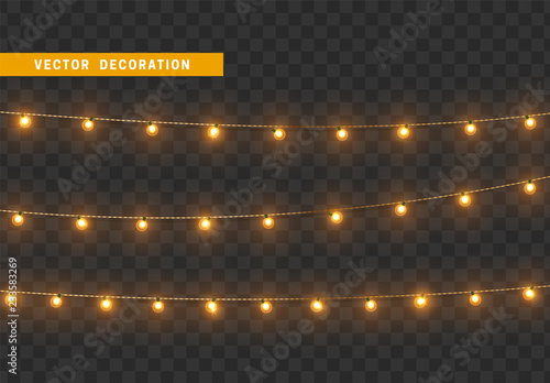 Christmas decorations, isolated on transparent background. Golden light garlands realistic set. Gold Xmas decor. Festive design element