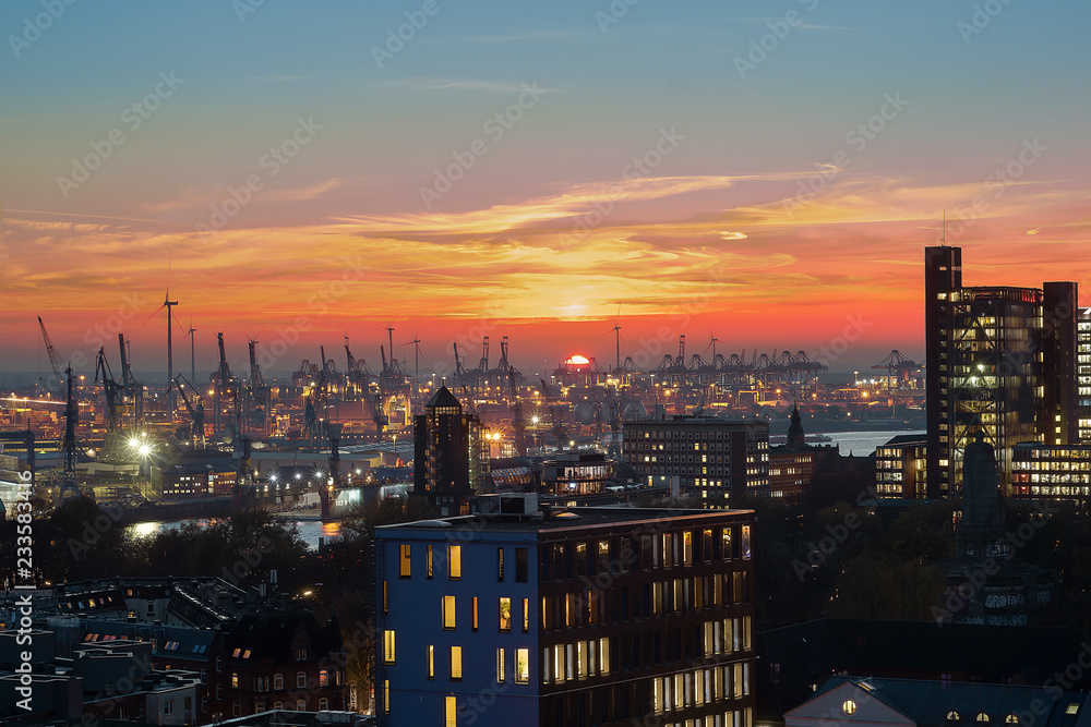 Sunset at Hamburg harbour