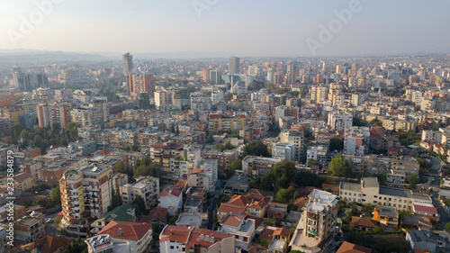 Aerial view of the city of Tirana, capital of Albania. The city is home to public institutions and the center of administrative life with many buildings still under construction