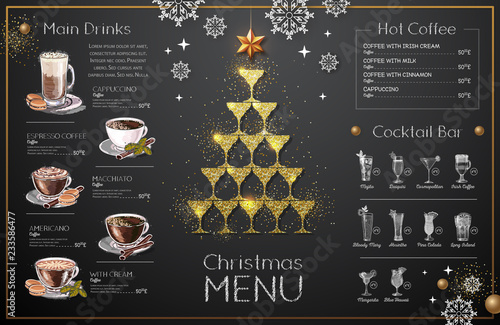 Christmas menu design with golden champagne glasses. Restaurant menu. Pyramid of champagne glasses