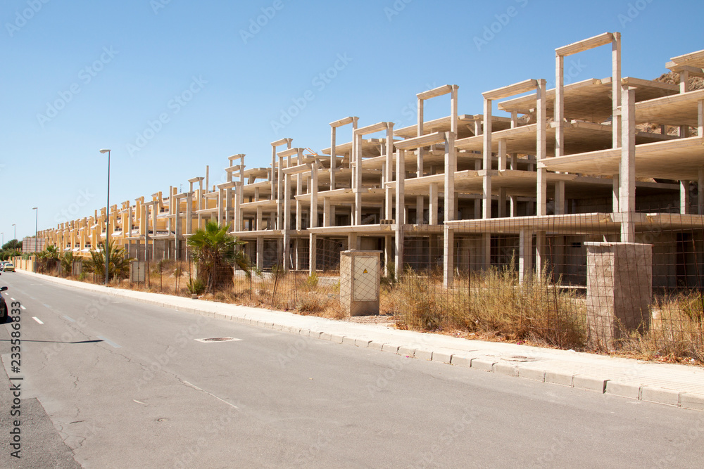 View on failed holiday property developments in the hills of Muchamiel, Spain. 
