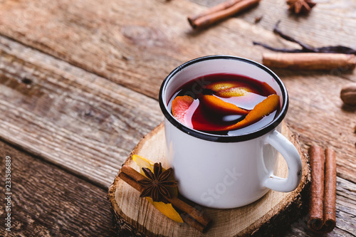 Mug of  mulled wine, autumn or winter party festive drink