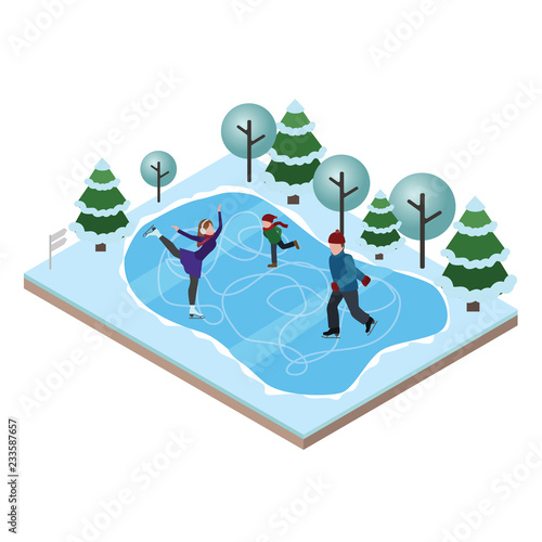 Isometric isolated happy family skating. Recreation lifestyle, activity speed extreme