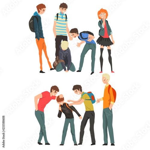Conflict between teenagers, mockery and bullying at school vector Illustration on a white background