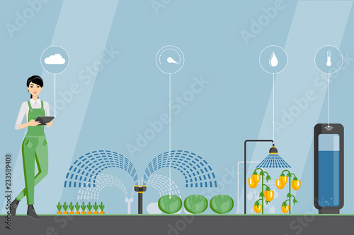 Asian woman farmer with tablet in a modern greenhouse. Internet of things in agriculture. Smart farm with wireless control. Vector illustration.