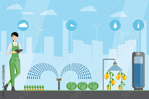 Asian woman farmer with tablet in a modern greenhouse. Internet of things in agriculture. Smart farm with wireless control. Vector illustration.