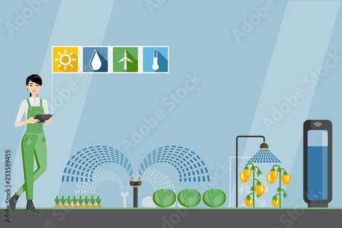 Asian woman farmer with tablet in a modern greenhouse. Internet of things in agriculture. Smart farm with wireless control. Vector illustration.