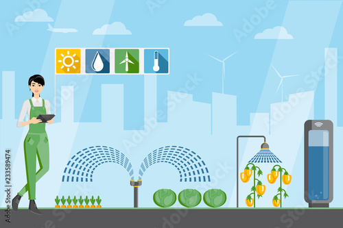 Asian woman farmer with tablet in a modern greenhouse. Internet of things in agriculture. Smart farm with wireless control. Vector illustration.