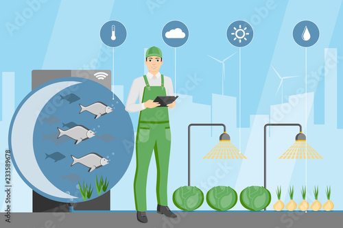 Farmer with digital tablet. Growing plants in the greenhouse with aquaponics system. Vector illustration.