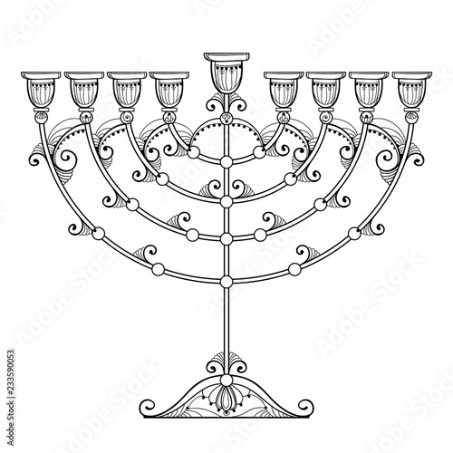 Vector drawing of outline Hanukkah menorah or Chanukiah candelabrum in black isolated on white background. Ornate contour Chanukah menorah for Jewish holiday design and coloring book.