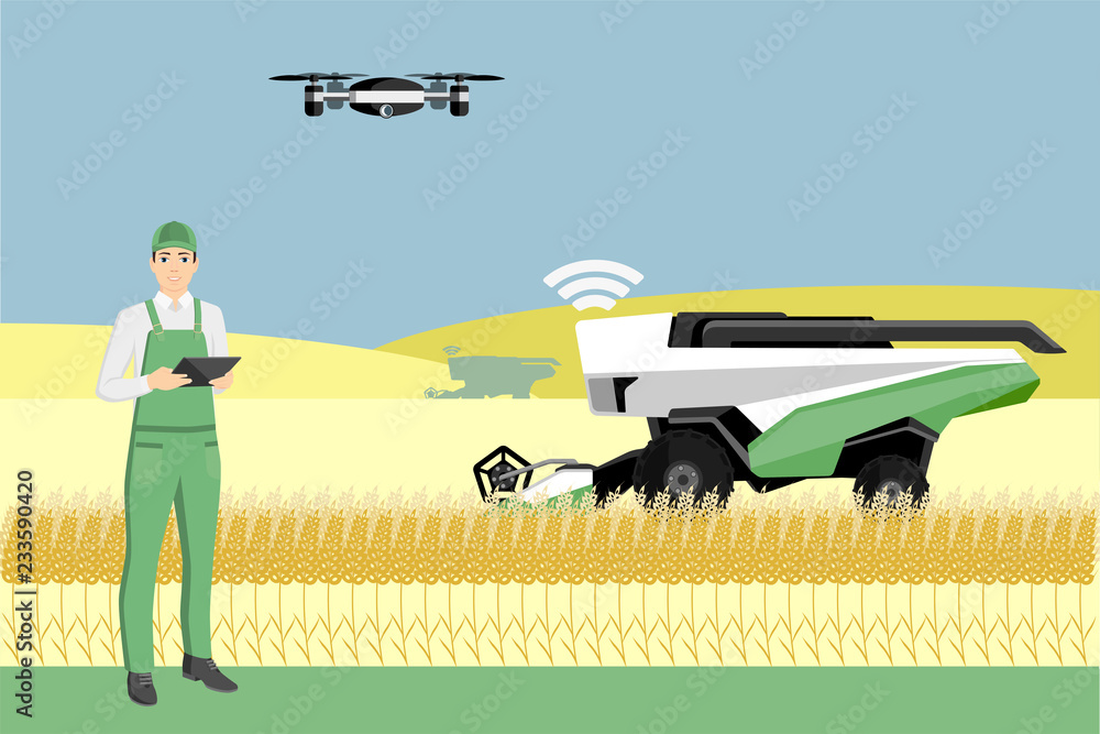 Vecteur Stock Farmer controls an autonomous combine harvester and drone.  Internet of things in agriculture | Adobe Stock