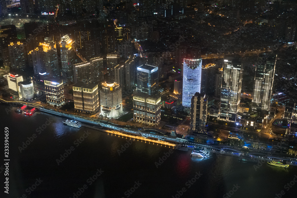 The view from the skyscraper Shanghai tower to the waterfront of Huangpu river