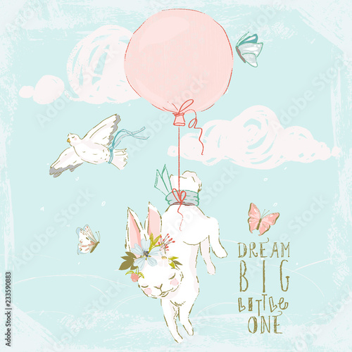 Cute hand drawn baby bunny with floral wreath, pigeons, butterflies, balloon and clouds