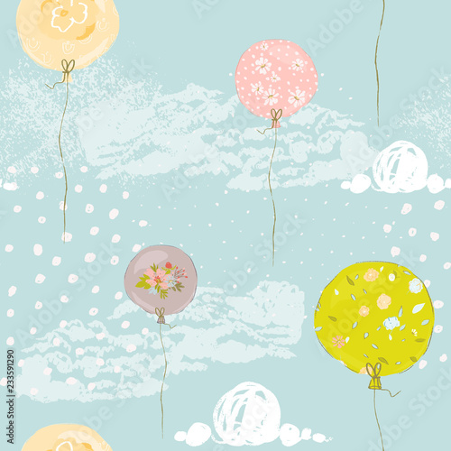 Cute hand drawn baby balloons with flowers and clouds. Beautiful sky seamless pattern