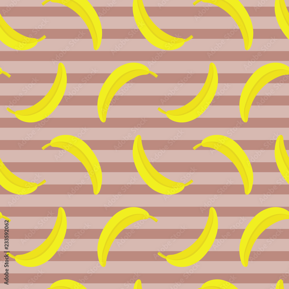 Vector seamless pattern with banana on striped backdrop. Colorful summer background. For restaurant or cafe menu cover, design banner, wrapping paper, wallpaper, print for clothes for boys and girls. Vector seamless pattern with banana on striped backdrop. Colorful summer background. For restaurant or cafe menu cover, design banner, wrapping paper, wallpaper, print for clothes for boys and girls.