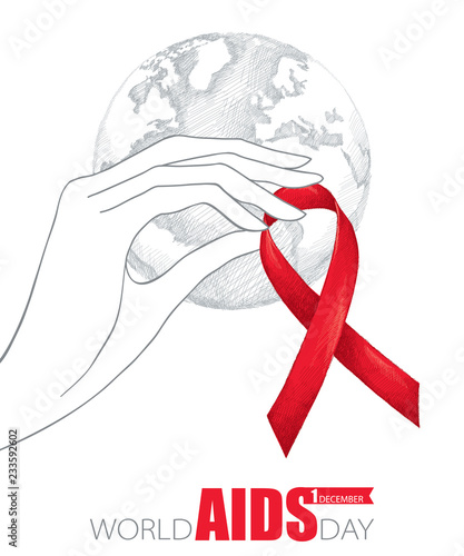 Vector poster with outline woman hand, sketch red ribbon and gray earth planet isolated on white background. AIDS Awareness symbol. Design for world AIDS day 1 December with ribbon and hand.