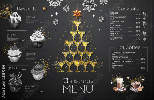 Christmas menu design with golden champagne glasses. Restaurant menu. Pyramid of champagne glasses