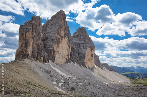 World famous peaks of Tre Cime di Lavaredo National park, UNESCO world heritage site in Dolomites, Italy