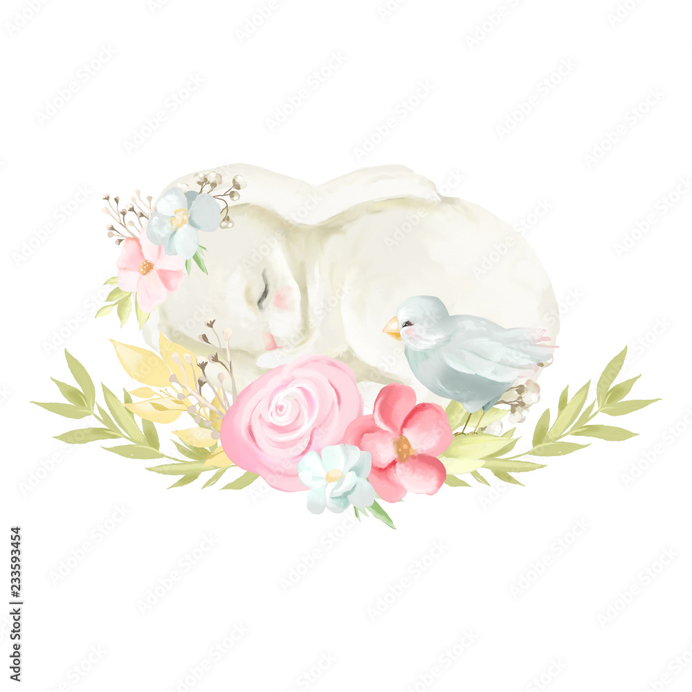 Fototapeta Cute white baby bunny with flowers, floral wreath and a little cute bird