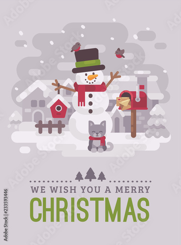 Happy snowman with kitten, mailbox and birdhouse in a snowy winter village. Christmas greeting card flat illustration. We wish you a Merry Christmas