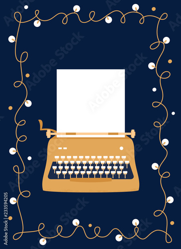 Retro Styled Golden Typewriter with Blank Sheet of Paper. Festive Vector Design. Greeting Card