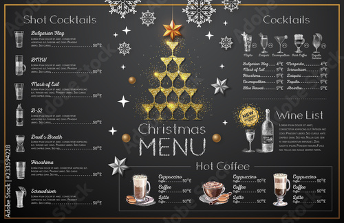 Christmas menu design with golden champagne glasses. Restaurant menu. Pyramid of champagne glasses