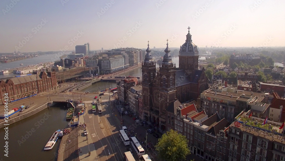 Aerial. The Basilica of Saint Nicholas. Old Centre district of Amsterdam.