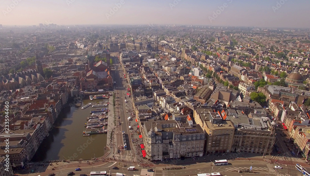 Aerial shot. Amsterdam, old centre district. Netherlands.