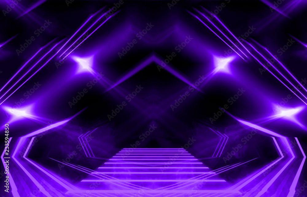Fototapeta premium Dark abstract purple background. Neon light, rays, ultramarine in the dark.