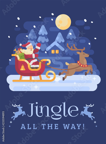 Wallpaper Mural Happy Santa Claus riding in a sleigh drawn by reindeer across a snowy night winter village landscape. Christmas flat illustration card Torontodigital.ca
