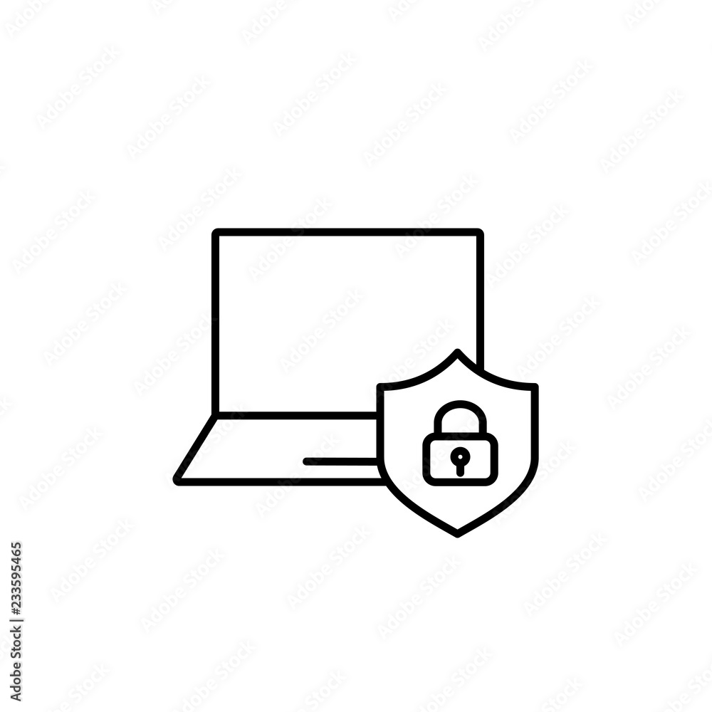 laptop with shield and padlock line black icon on white background laptop with shield and padlock line black icon on white background