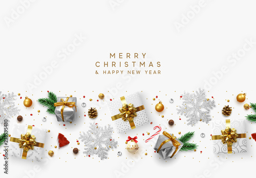 Christmas composition with decorative elements of design. Holiday decoration the border of realistic objects. Xmas greeting card, golden text Merry Christmas and Happy New Year. Vector illustration